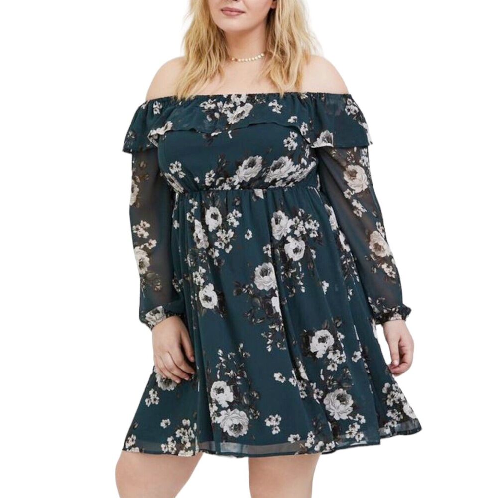 Torrid Green Floral Chiffon Off The Shoulder Dress Sz 1 US 14 16 Elastic Waist